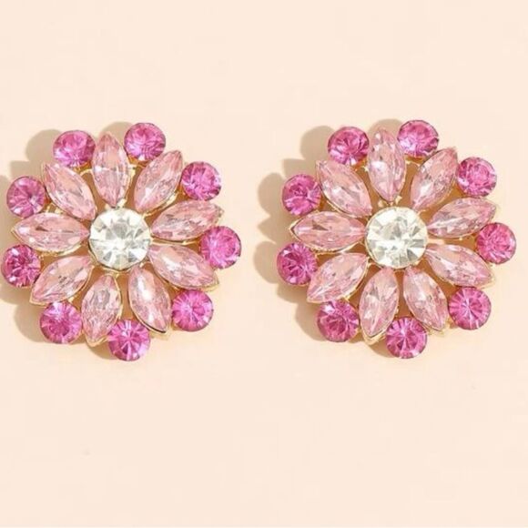 Pink Flower Rhinestone Stud Earrings - Picture 2 of 3